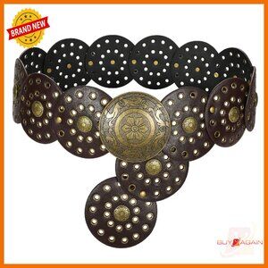 Women's Wide Western Disc Leather Belt Adjustable Boho Style